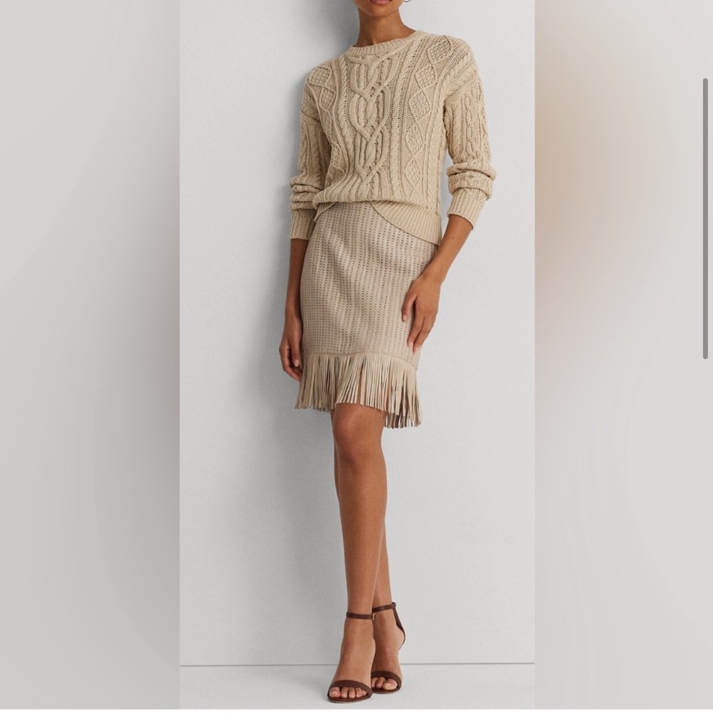 $595 NWT Ralph Lauren Fringe Trim Leather Woven Skirt Beige Leather size… - Picture 4 of 5